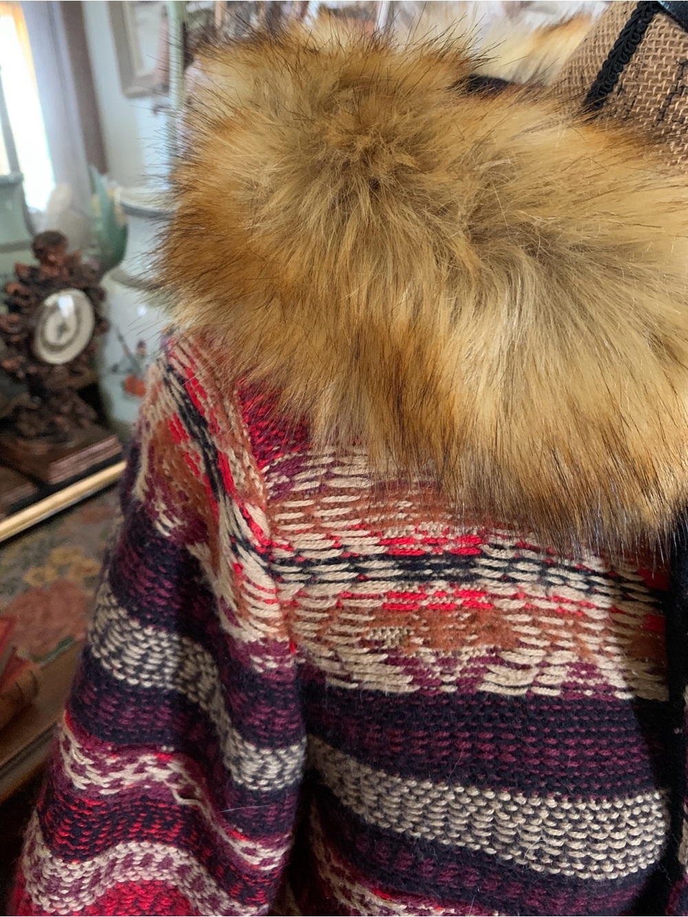 Vintage Boho Nepal-inspired Cardigan Sweater w Leather Belt & Faux Fur Hood - Picture 11 of 16